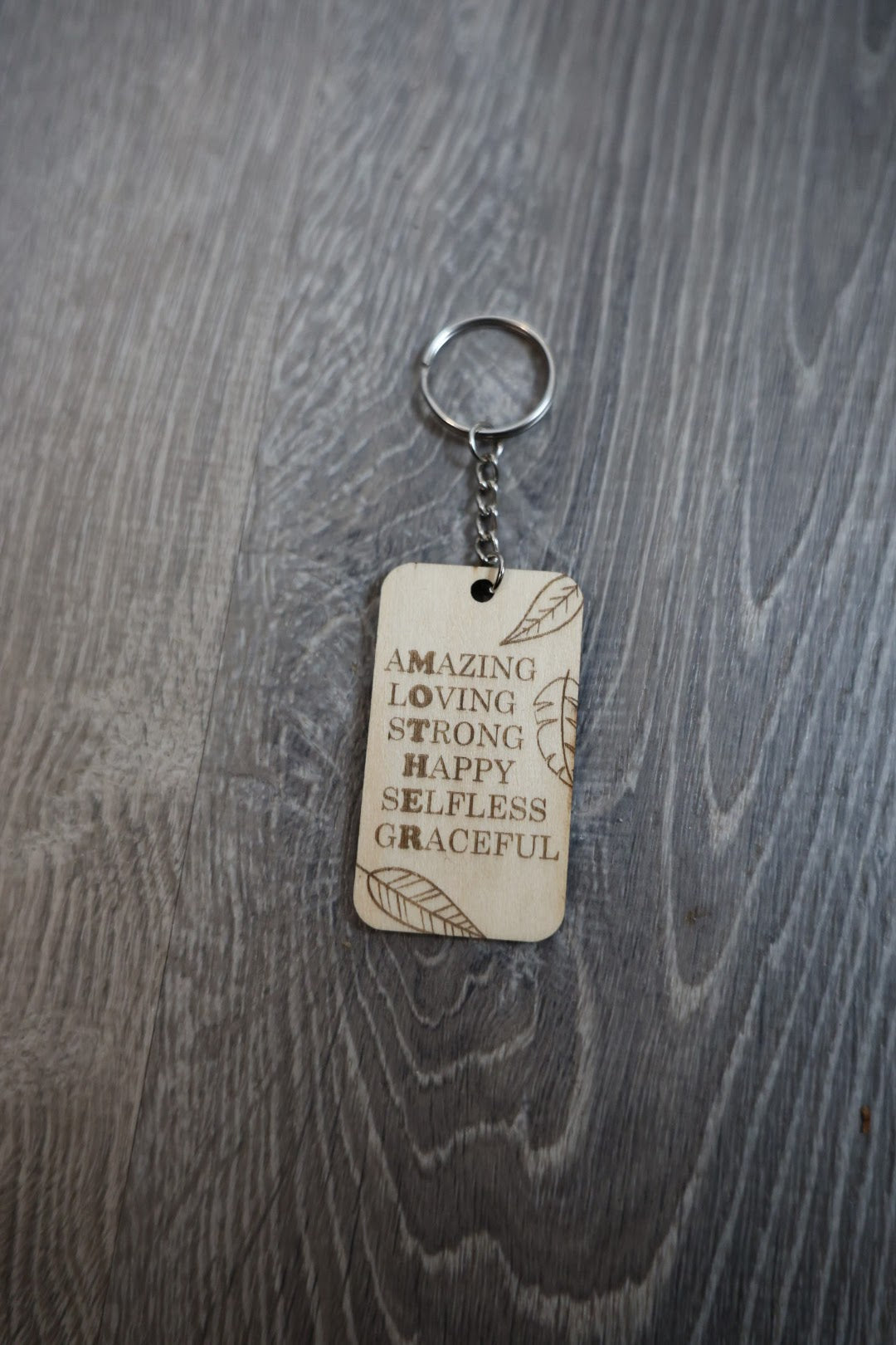 Inspirational Engraved Wooden Keychain – “Amazing Loving Strong Happy Selfless Graceful” – Handmade Laser Engraved Gift