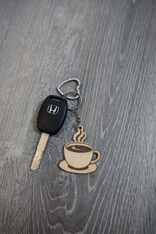 Coffee Cup Wooden Keychain – Laser Engraved Coffee Lover Gift