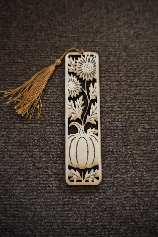 Pumpkin & Sunflower Wooden Bookmark with Tassel – Fall Laser Cut Bookmark