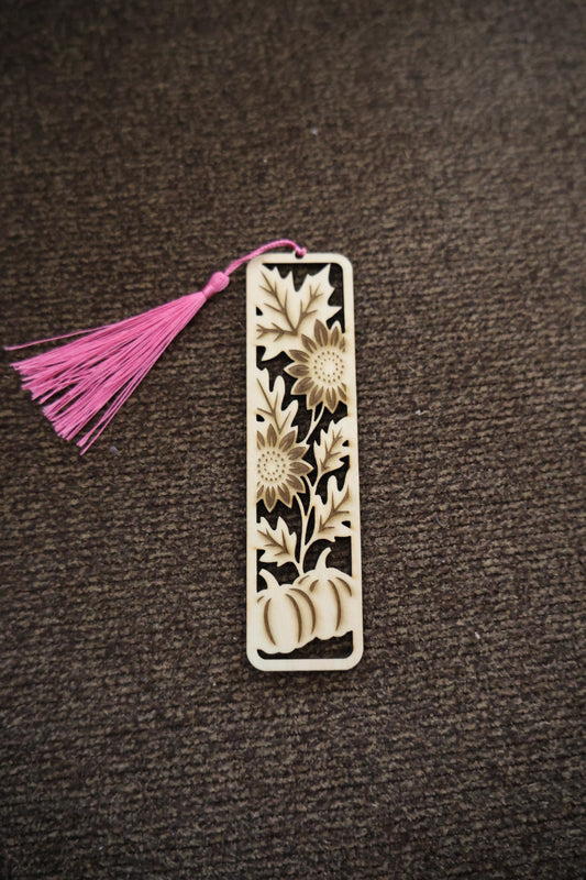 Pumpkin & Sunflower Wooden Bookmark with Tassel – Laser Cut Fall Bookmark