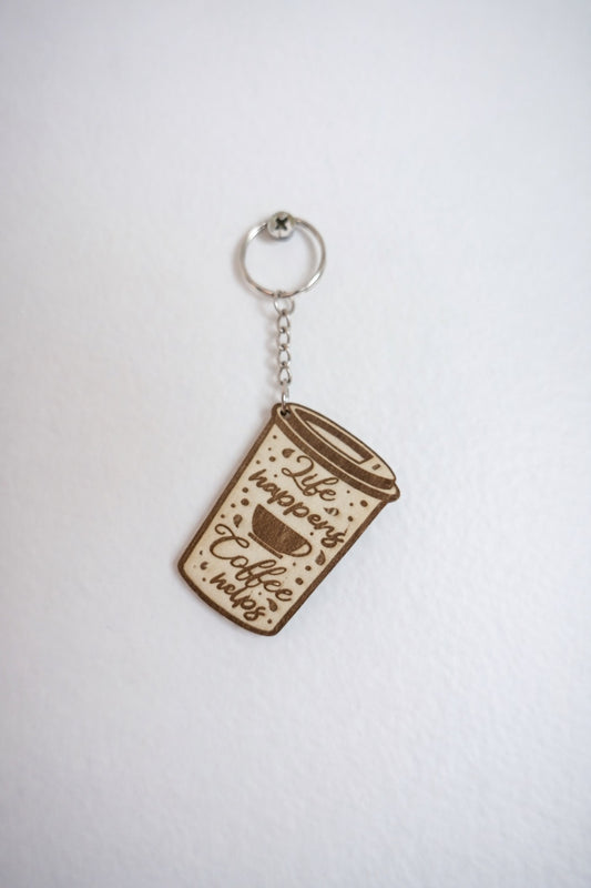 Life Happens Coffee Helps Wooden Keychain – Funny Coffee Lover Gift