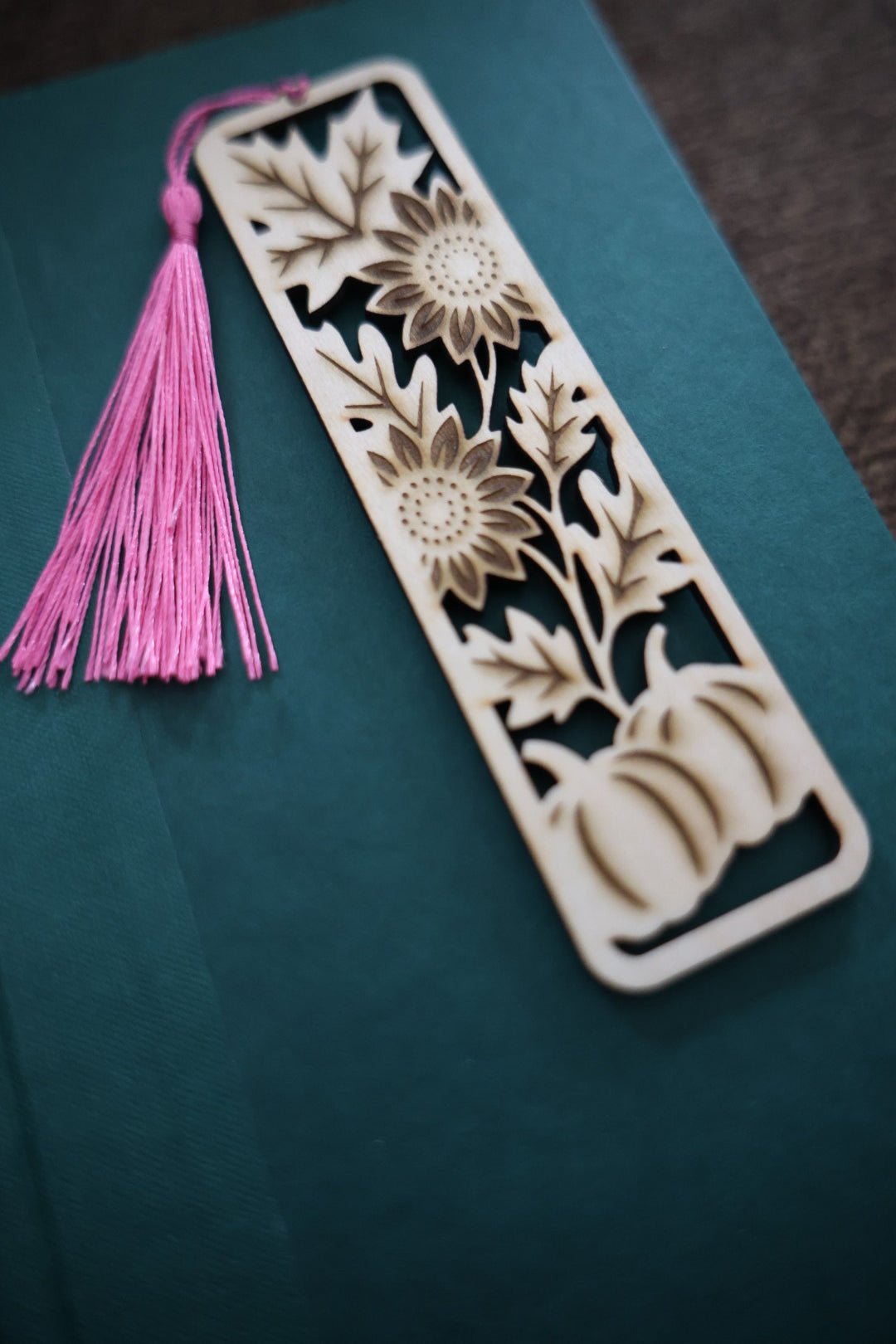 Pumpkin & Sunflower Wooden Bookmark with Tassel – Laser Cut Fall Bookmark