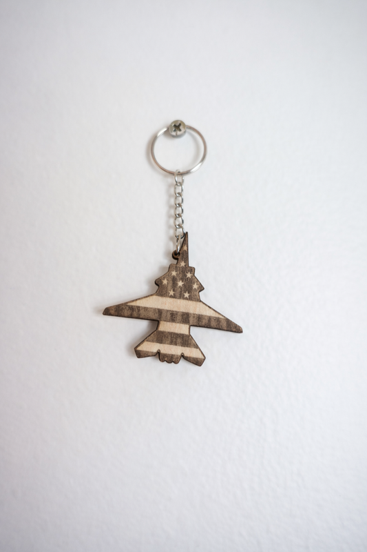 American Flag Fighter Jet Wooden Keychain – Patriotic Military Gift