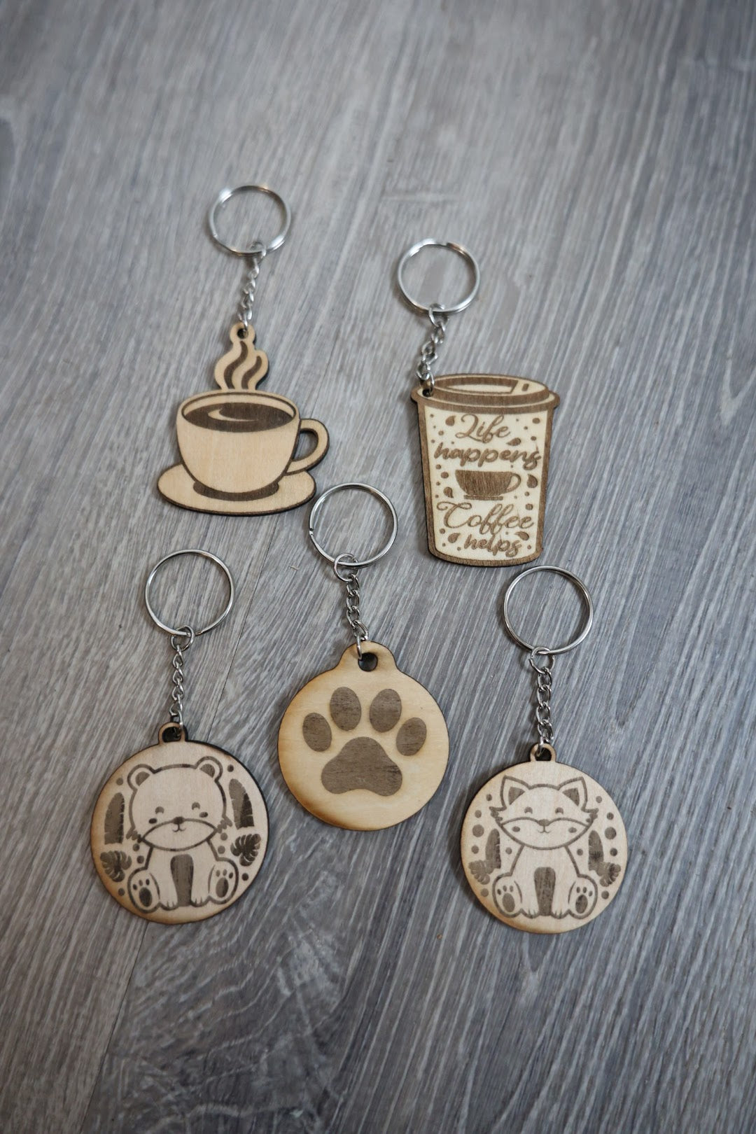 Wooden Keychain Variety Pack – 5 Laser Engraved Keychains