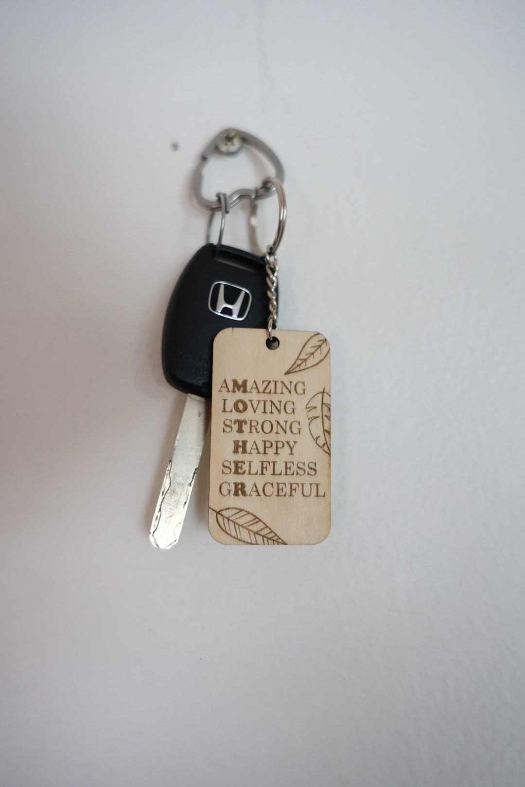 Inspirational Engraved Wooden Keychain – “Amazing Loving Strong Happy Selfless Graceful” – Handmade Laser Engraved Gift