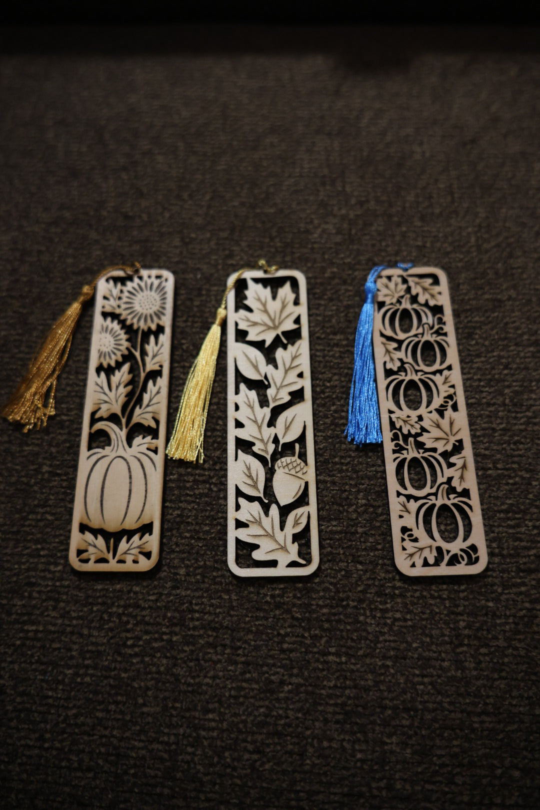 Autumn Wooden Bookmark Trio – Pumpkin, Sunflower & Oak Leaf Laser Cut Bookmark Set