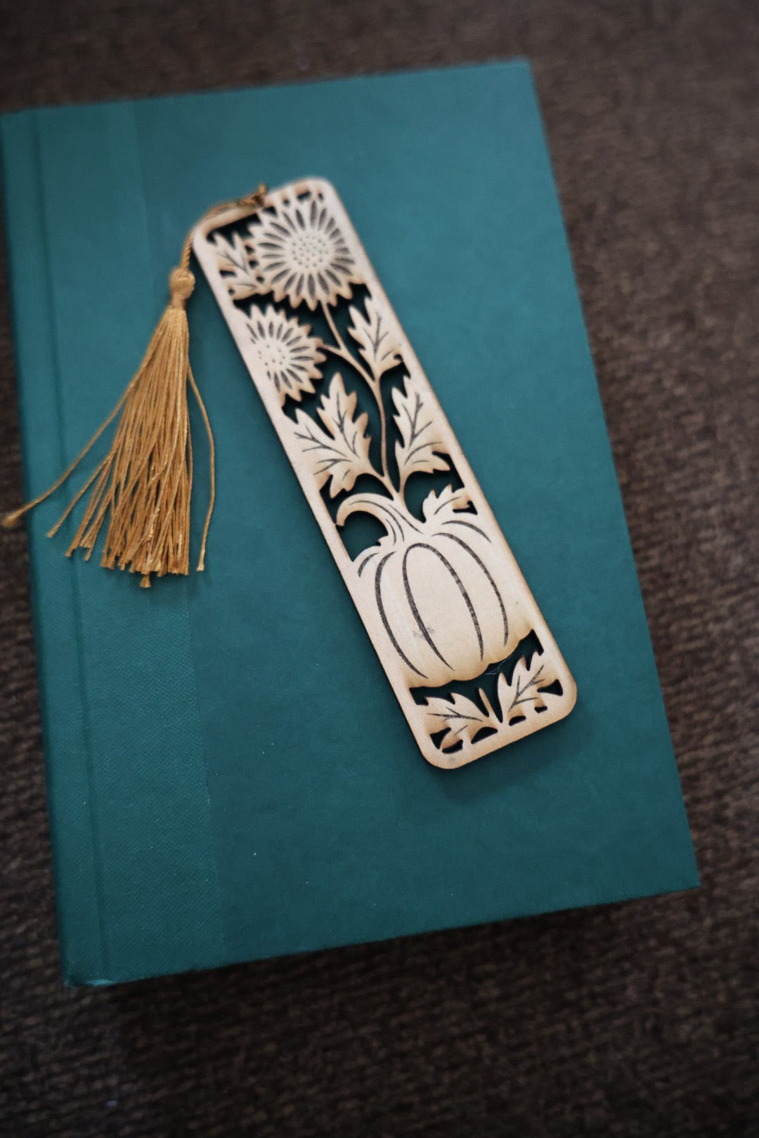 Pumpkin & Sunflower Wooden Bookmark with Tassel – Fall Laser Cut Bookmark