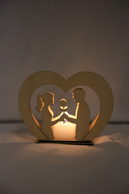 Romantic Couple Candle Holder – Wooden Heart Silhouette Tealight Decor